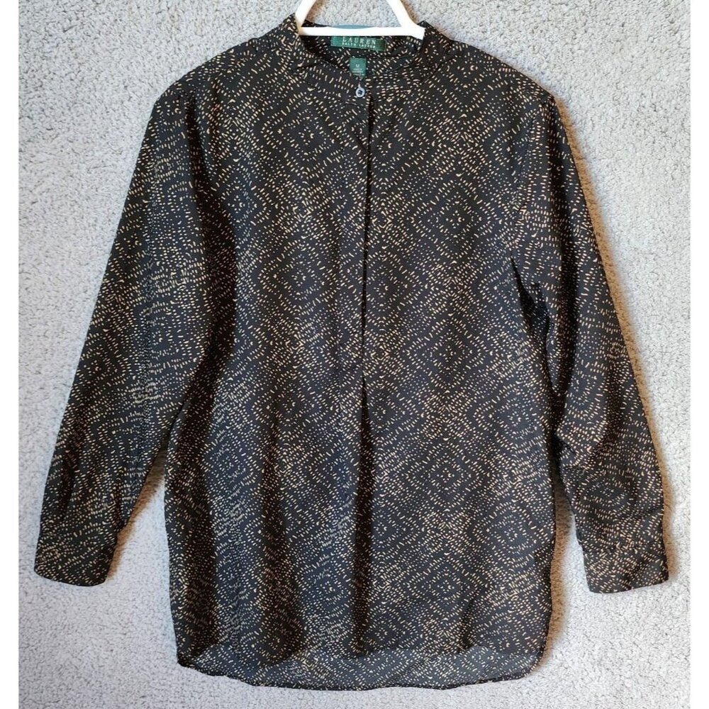 Lauren Ralph Lauren Womens Long Sleeve Button Neck Popover Blouse Top Black Sz M